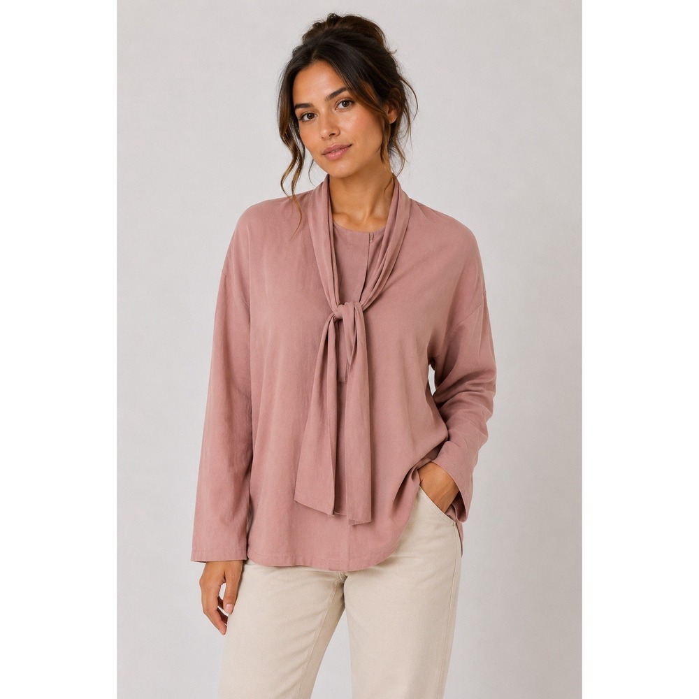 Club Monaco XL Blush Pink Tie Neck Blouse Long Sleeve Minimalist Chic Workwear